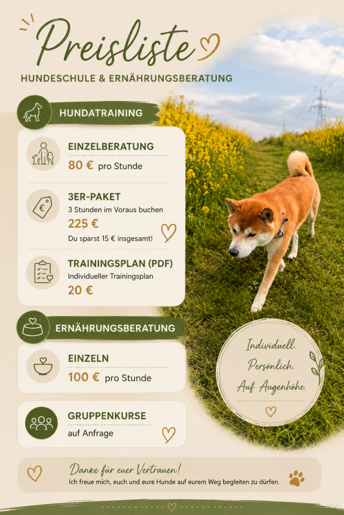 Preisliste inklusive Paketpreise für Hundetraining und Ernährungsberatung